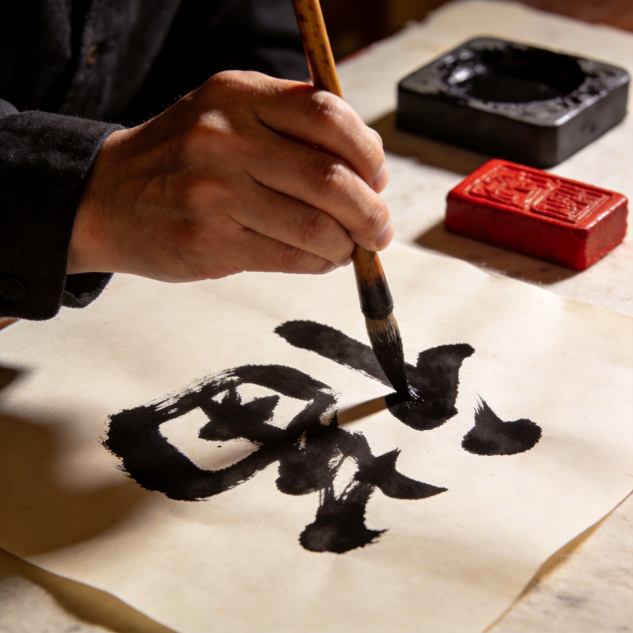 A calligrapher’s hand drawing an ink character onto rice paper