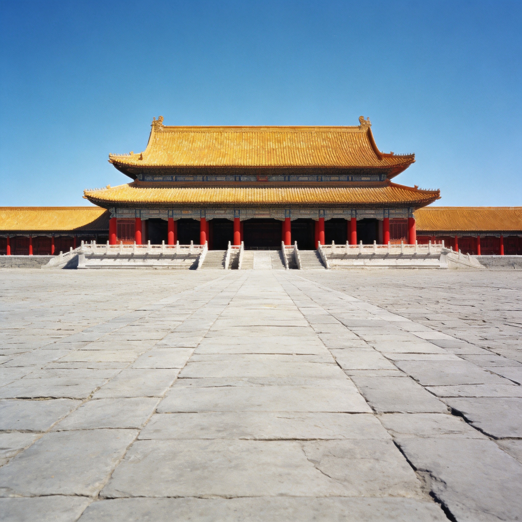 A grand Forbidden City palace hall with a double-eaved golden roof and red columns seen across a vast sunlit stone courtyard under a clear blue sky, Beijing
