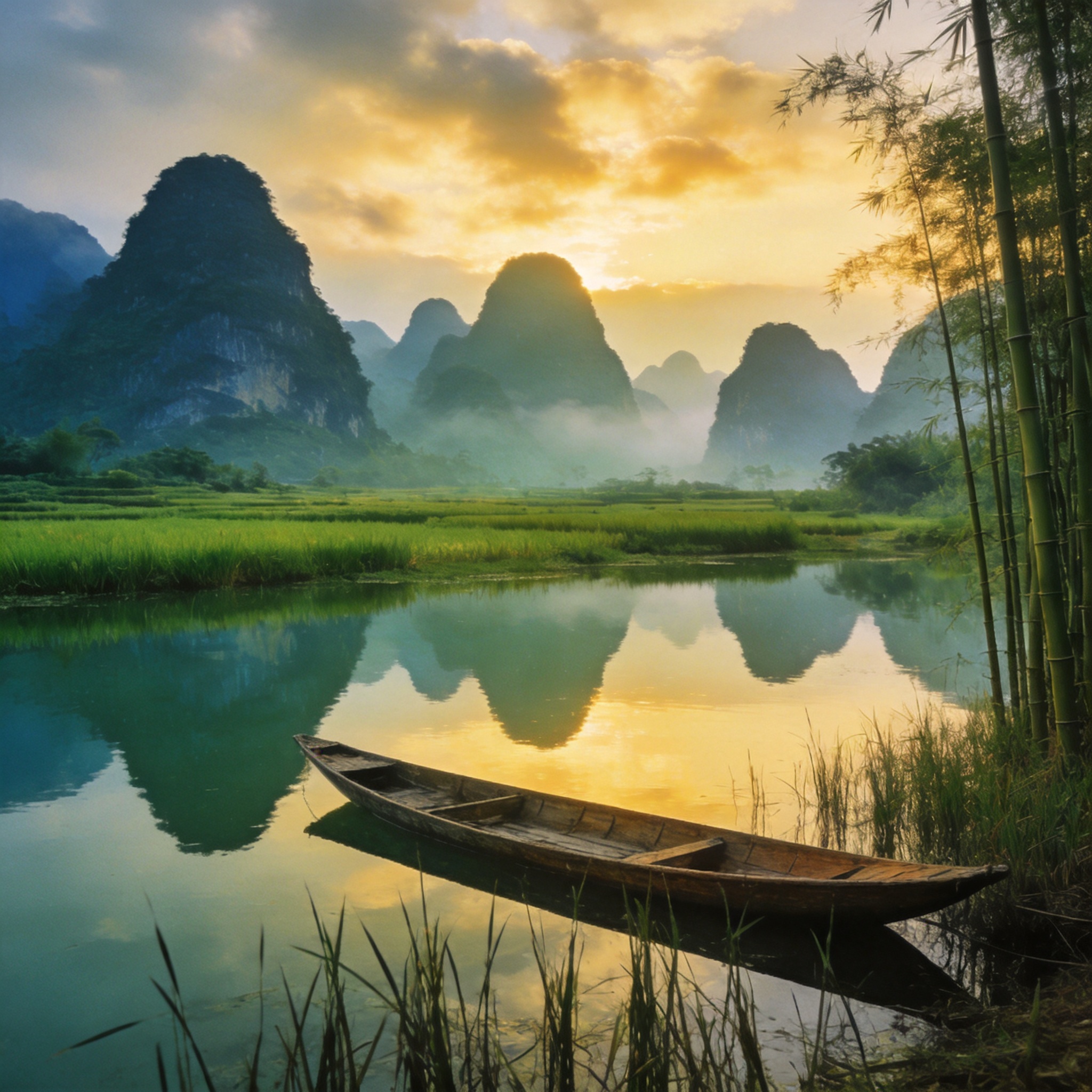 Karst peaks mirrored in the glass-still Li River at golden dawn near Yangshuo, a sampan moored among the reeds