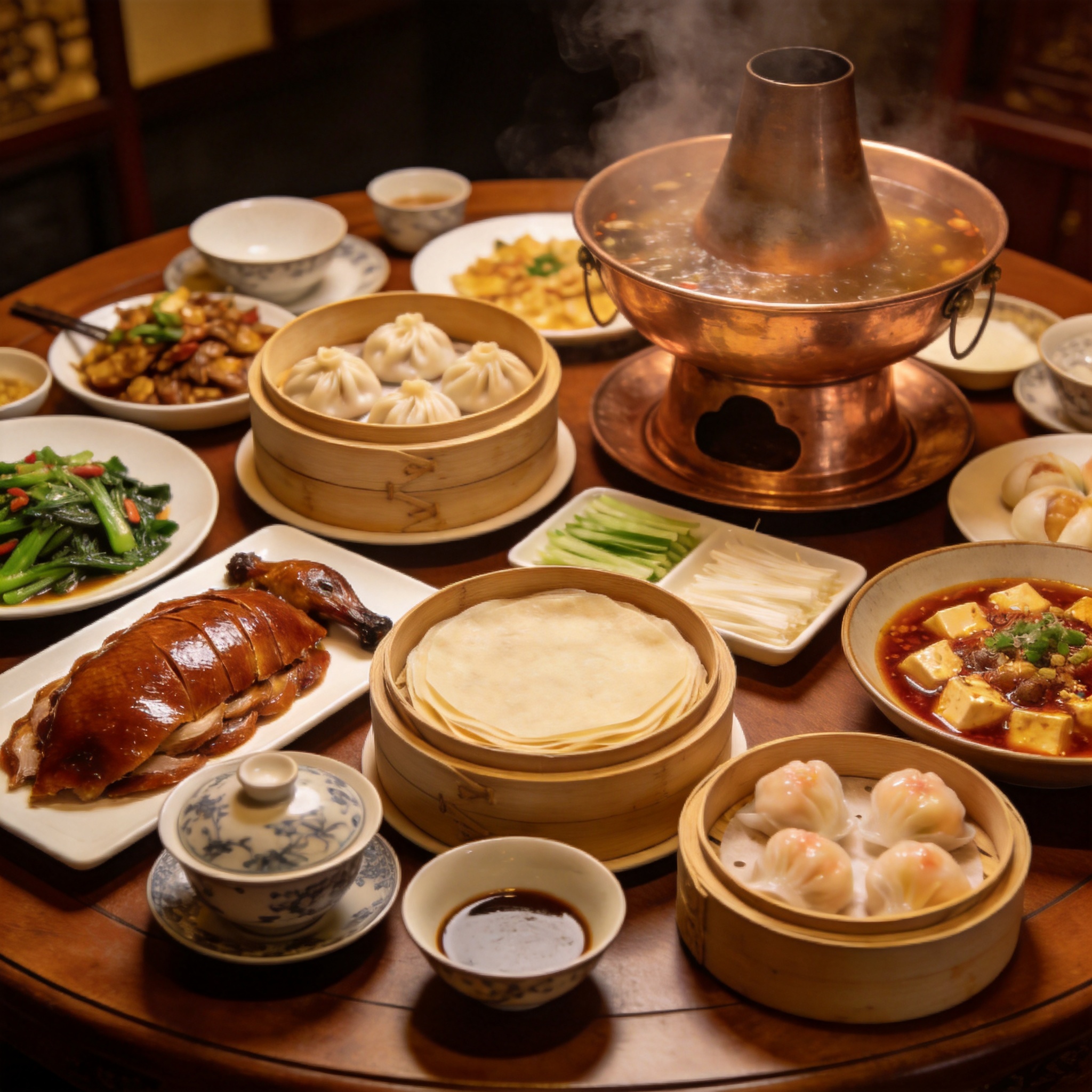 A round-table banquet of iconic Chinese dishes — lacquered Peking duck, bamboo steamers of xiaolongbao, copper hotpot, dim sum and porcelain bowls — on a warm wooden table
