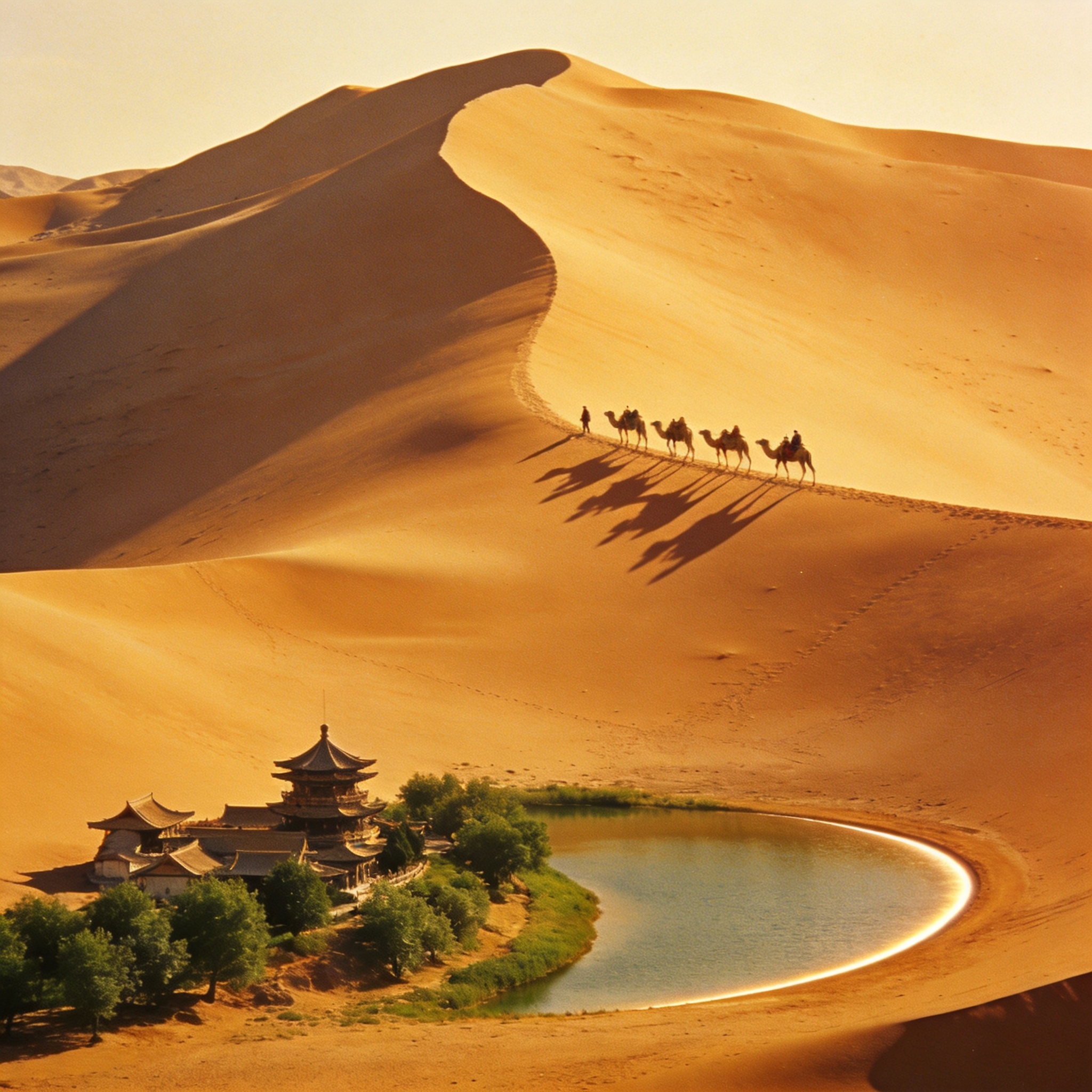 Wind-sculpted sand dunes of the Mingsha Mountains at golden hour with a camel caravan on the ridge and a crescent oasis below, Dunhuang