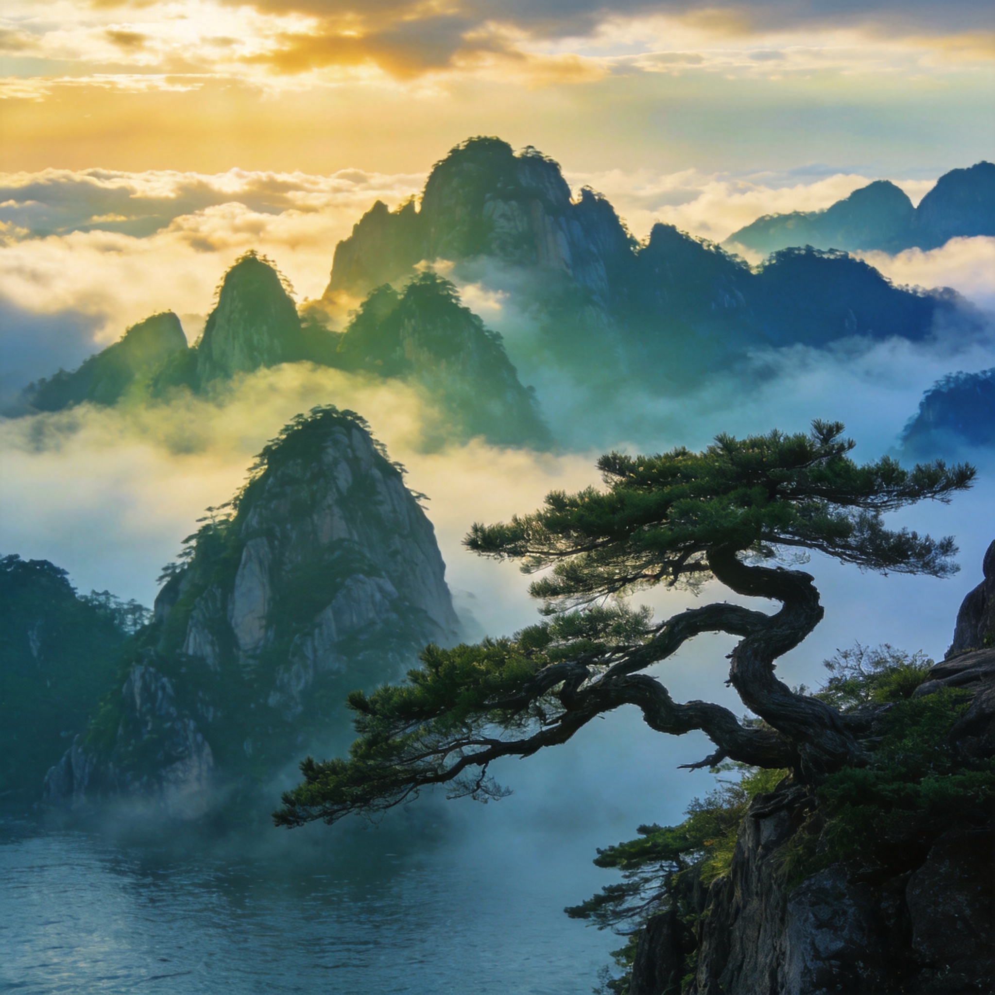 An ancient pine on a granite ledge above a sea of cloud on Huangshan at dawn