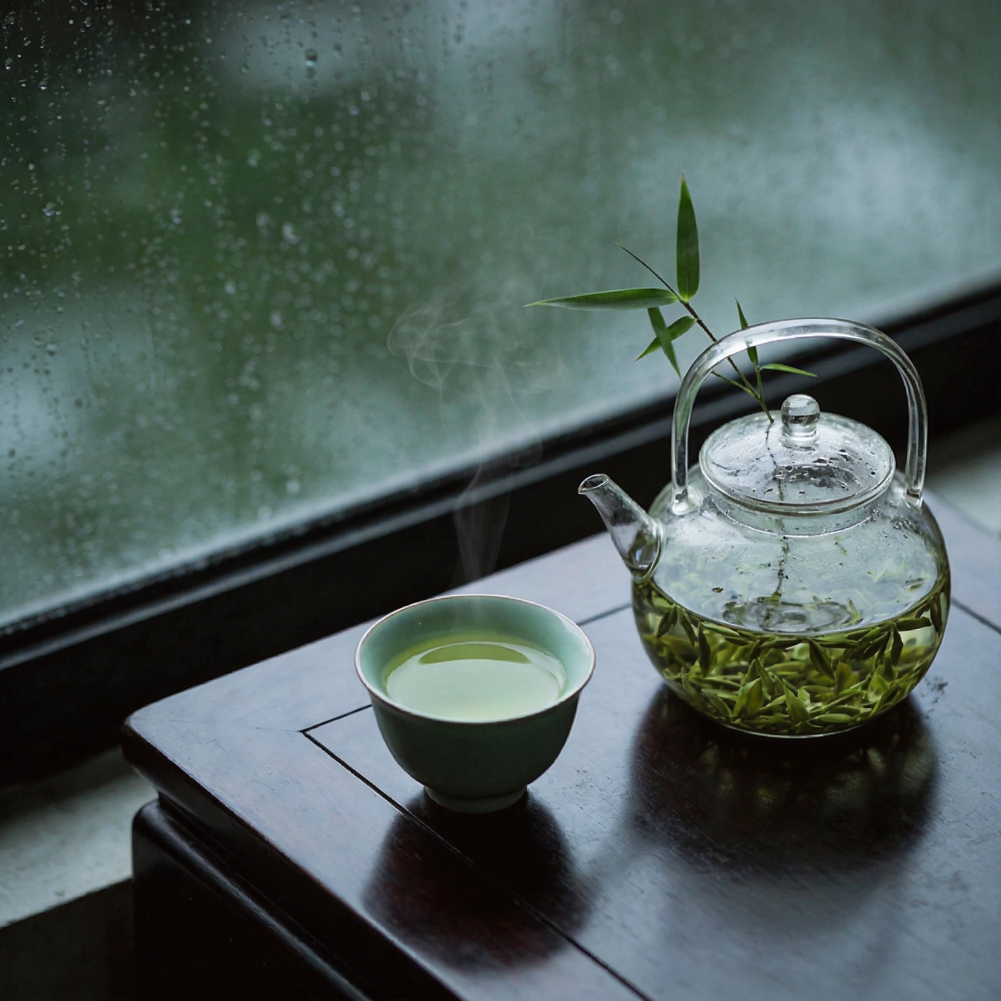 Jade-green Longjing tea in a celadon cup beside a rain-streaked window, a sprig of bamboo