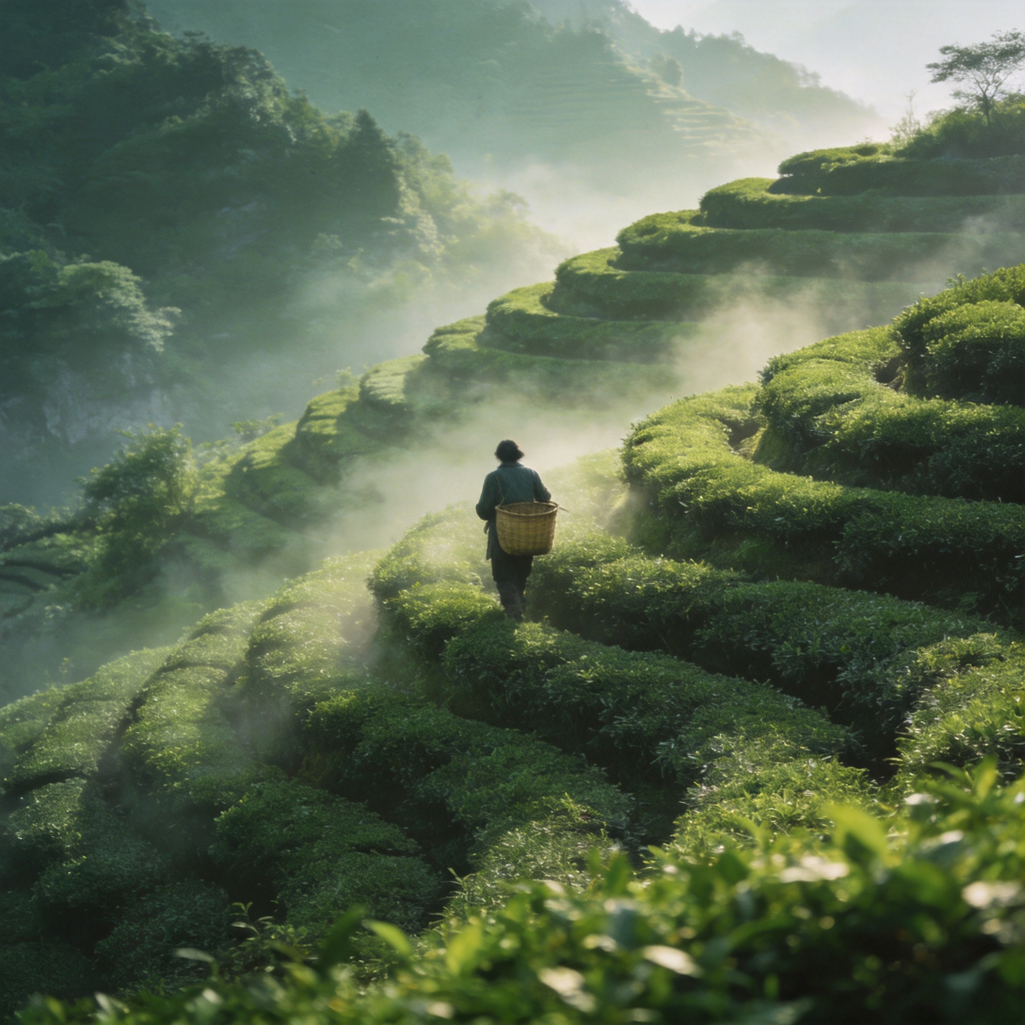 Mist drifting between layered green tea terraces at dawn