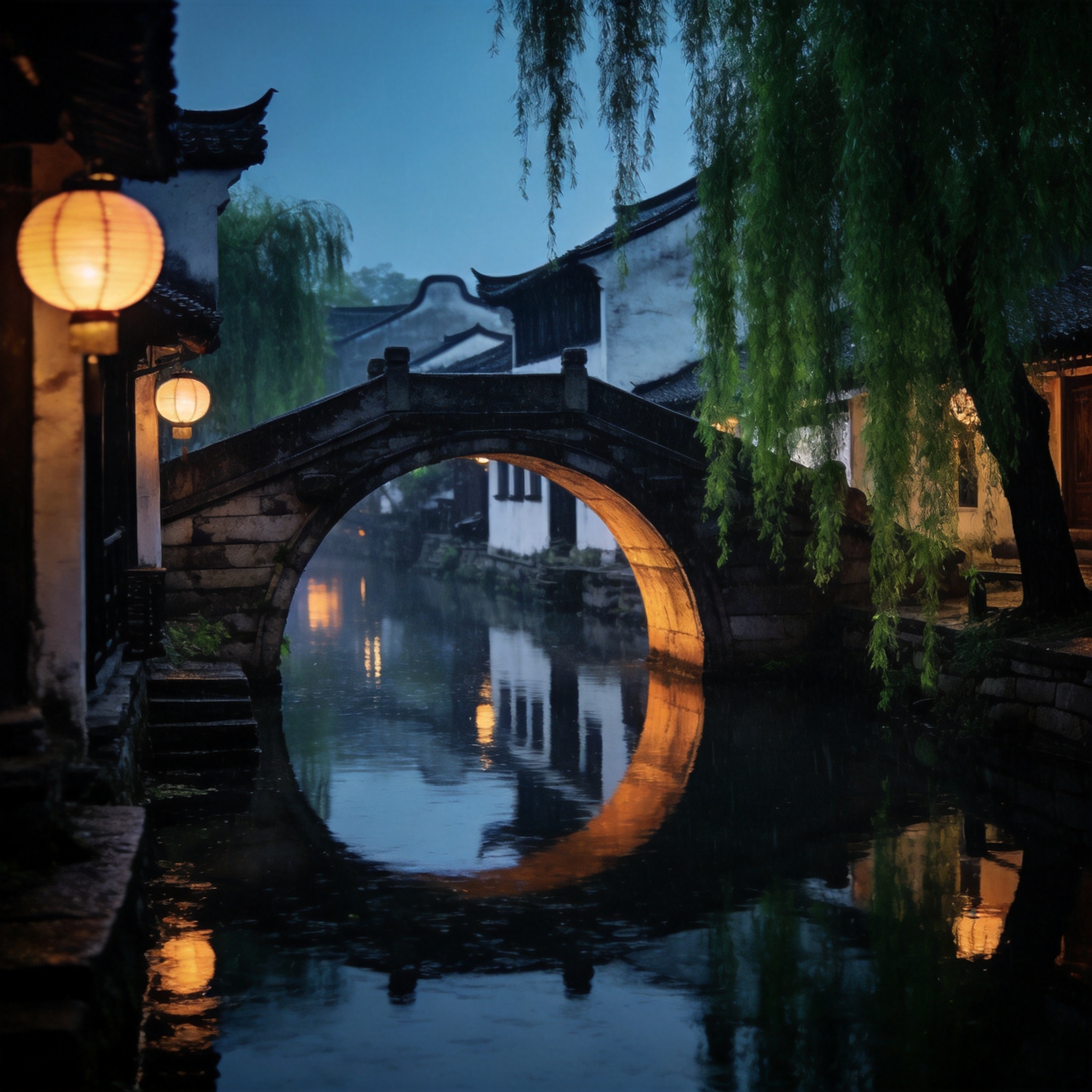 A stone arch bridge and whitewashed houses reflected in a perfectly still dawn canal