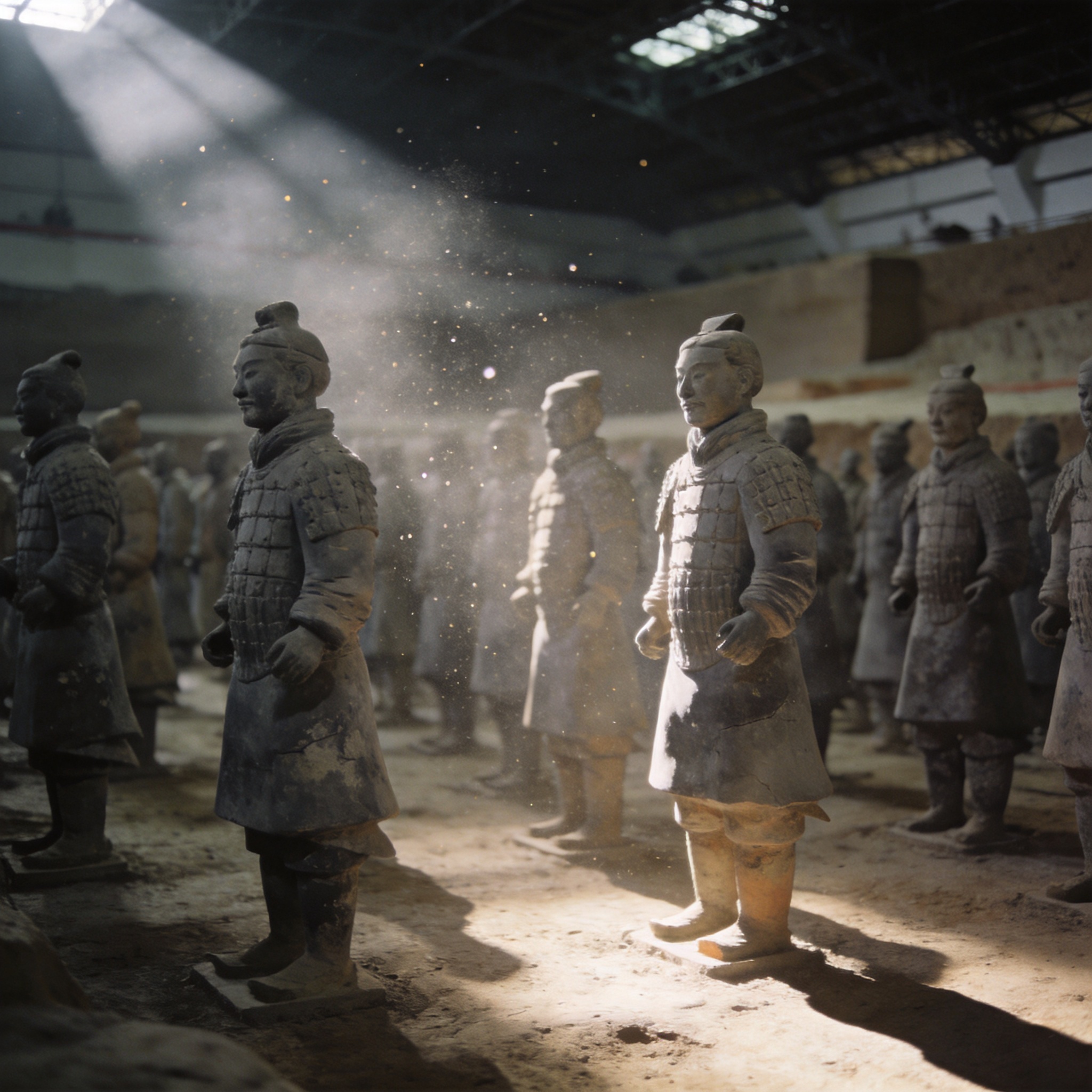 Rows of the ancient Terracotta Army warriors standing in formation inside the pits of Xi’an