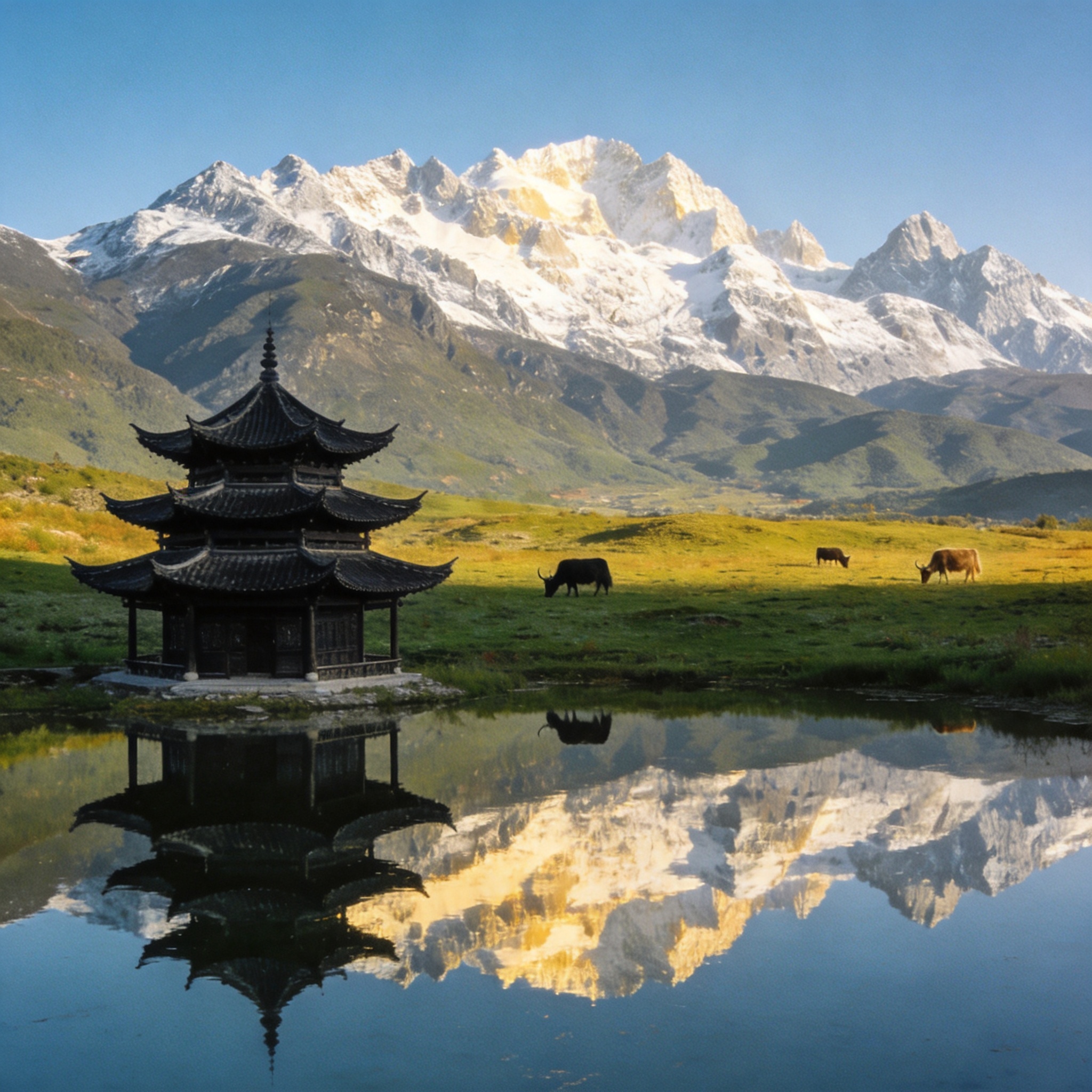 The snow-capped Jade Dragon Snow Mountain rising above green alpine meadows in Lijiang, Yunnan, reflected on a still pond beside a pagoda